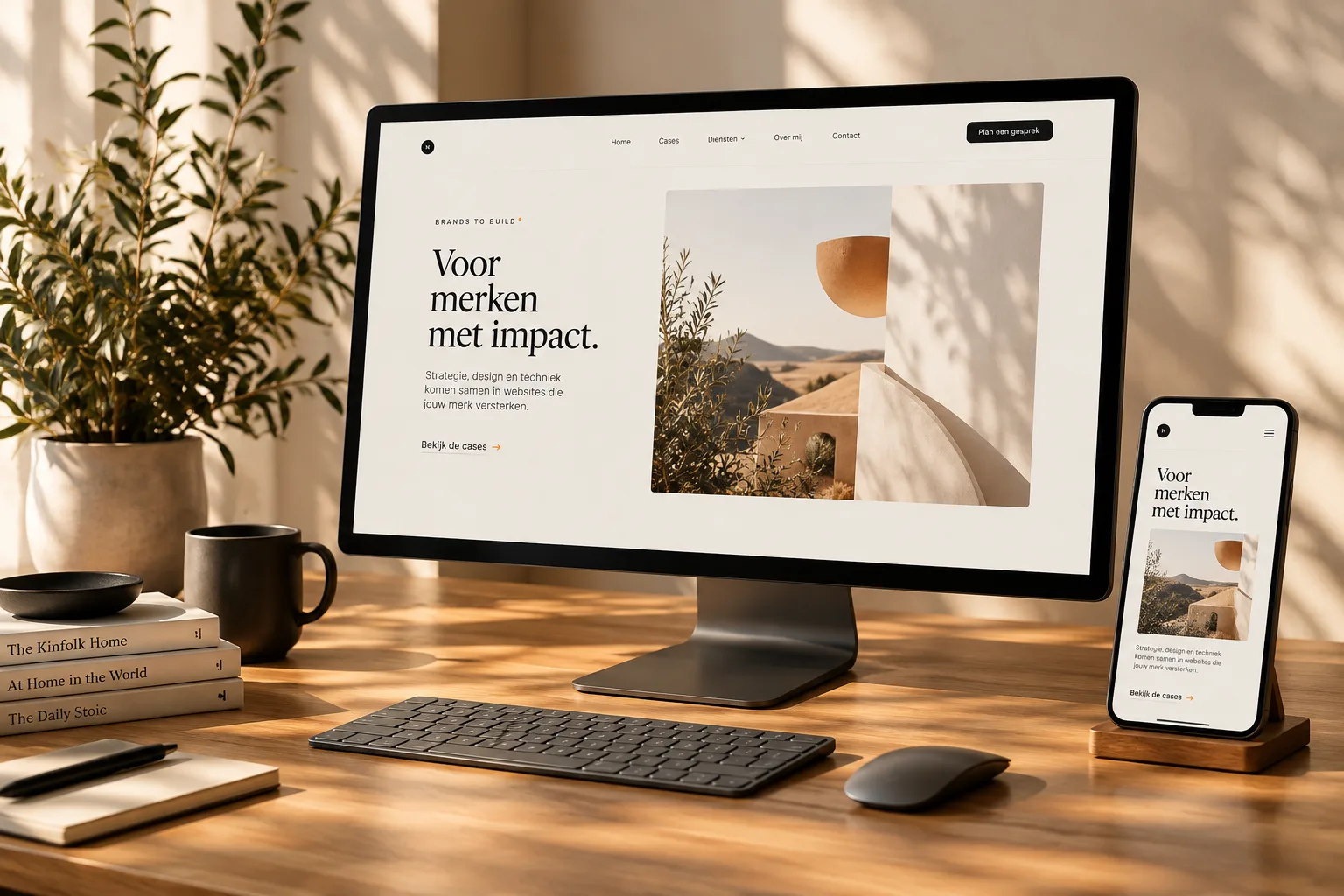 Een websiteontwerp op een groot beeldscherm en een telefoon op een houten bureau