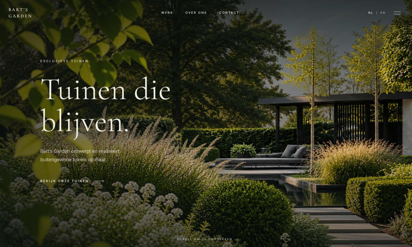 Homepage van Bart's Garden — een conceptproject voor een tuinontwerper — met de hero 'Tuinen die blijven.'
