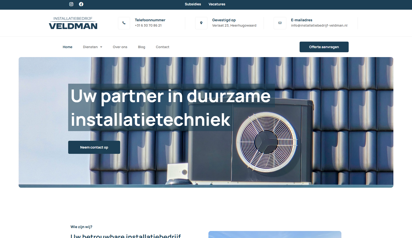 Homepage van Installatiebedrijf Veldman met de hero 'Uw partner in duurzame installatietechniek.'