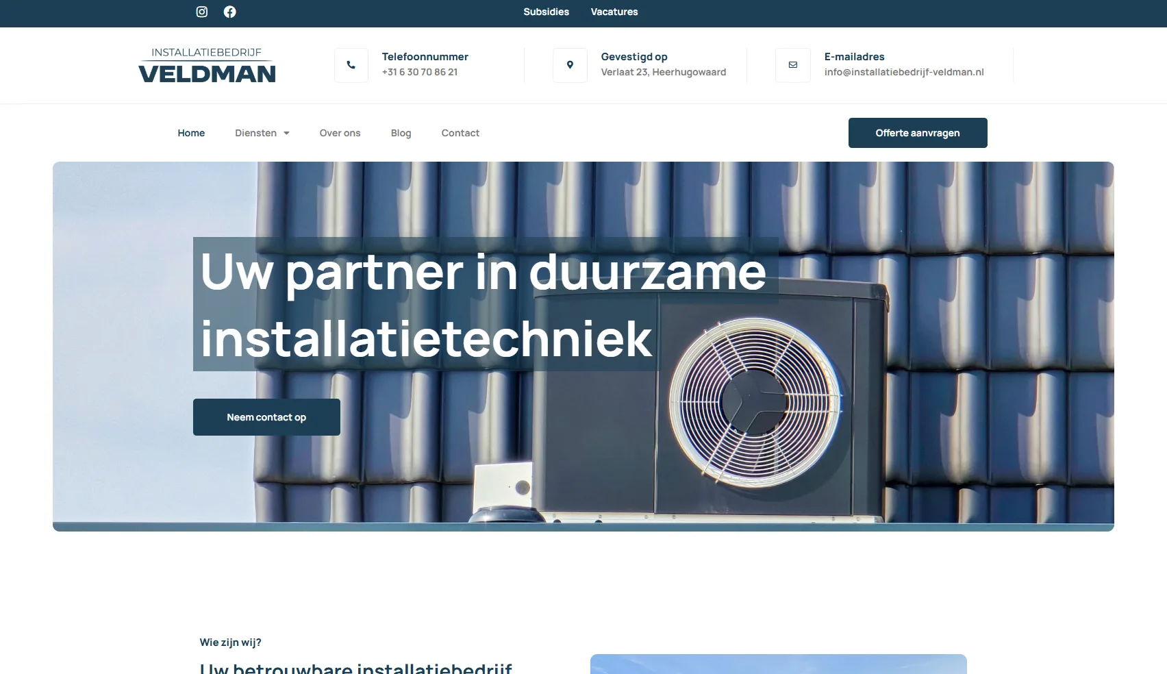 Homepage van Installatiebedrijf Veldman met de hero 'Uw partner in duurzame installatietechniek.'