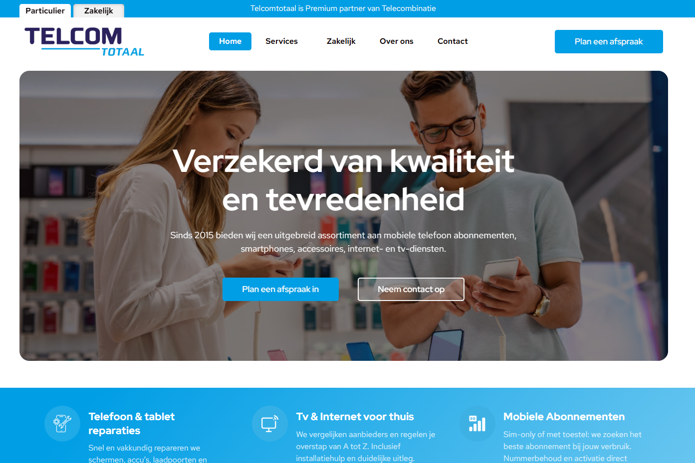 Homepage van Telcom Totaal, een telecomwebsite, met de hero 'Verzekerd van kwaliteit en tevredenheid.'