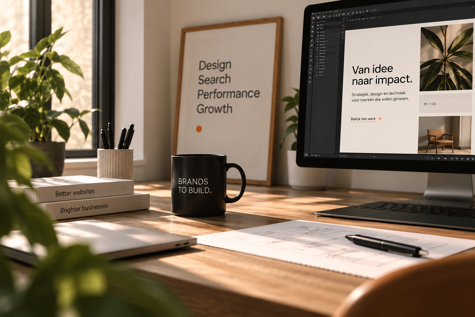 Sil aan het werk op het Brands to Build studio-bureau: een beeldscherm met een website in ontwerp, een mok met het logo, boeken en schetsen op een houten bureau